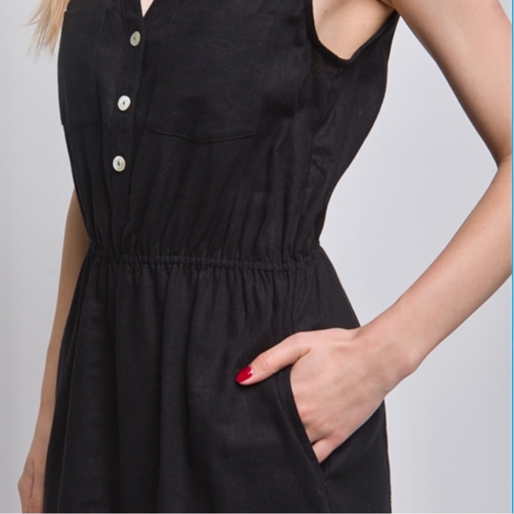 LINEN BLEND SLEEVELESS V NECK DRESS WITH POCKETS - BLACK - Picture 4 of 4